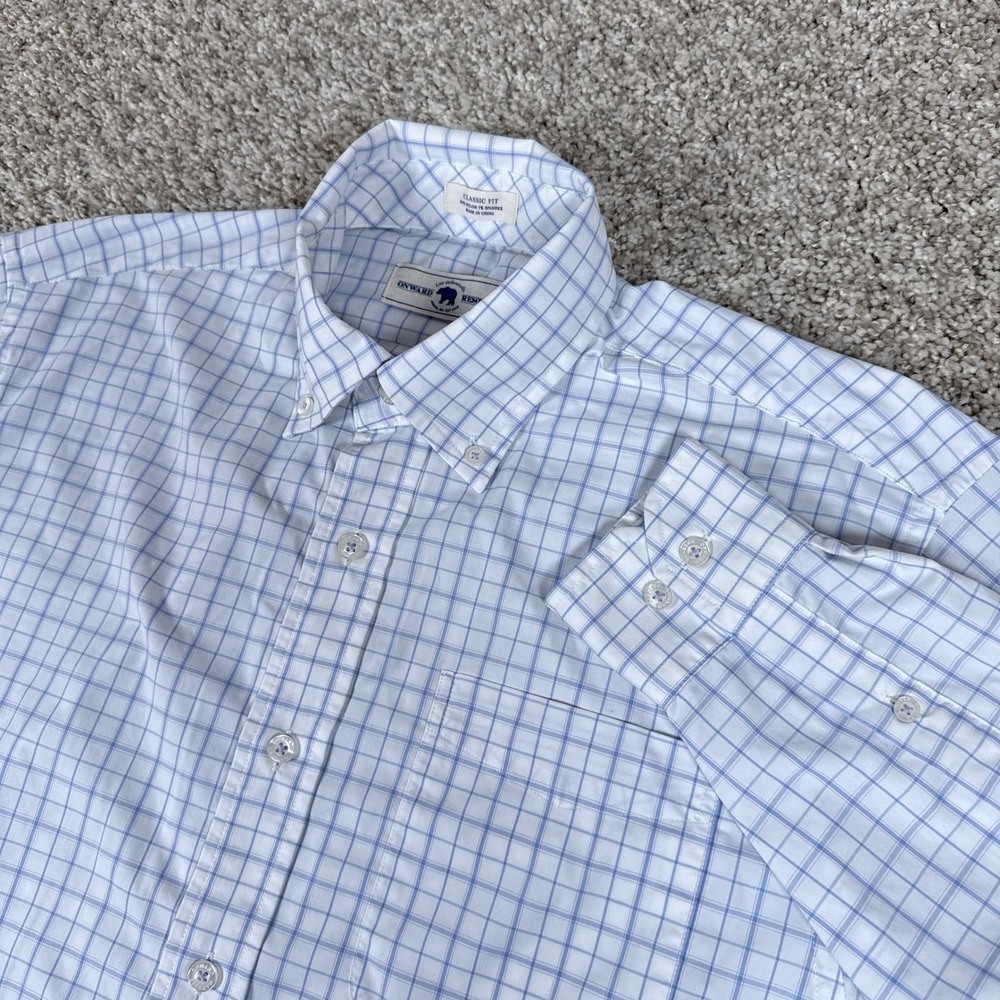 Onward Reserve Shirt Mens Small White Blue Plaid Performance Preppy Button Down